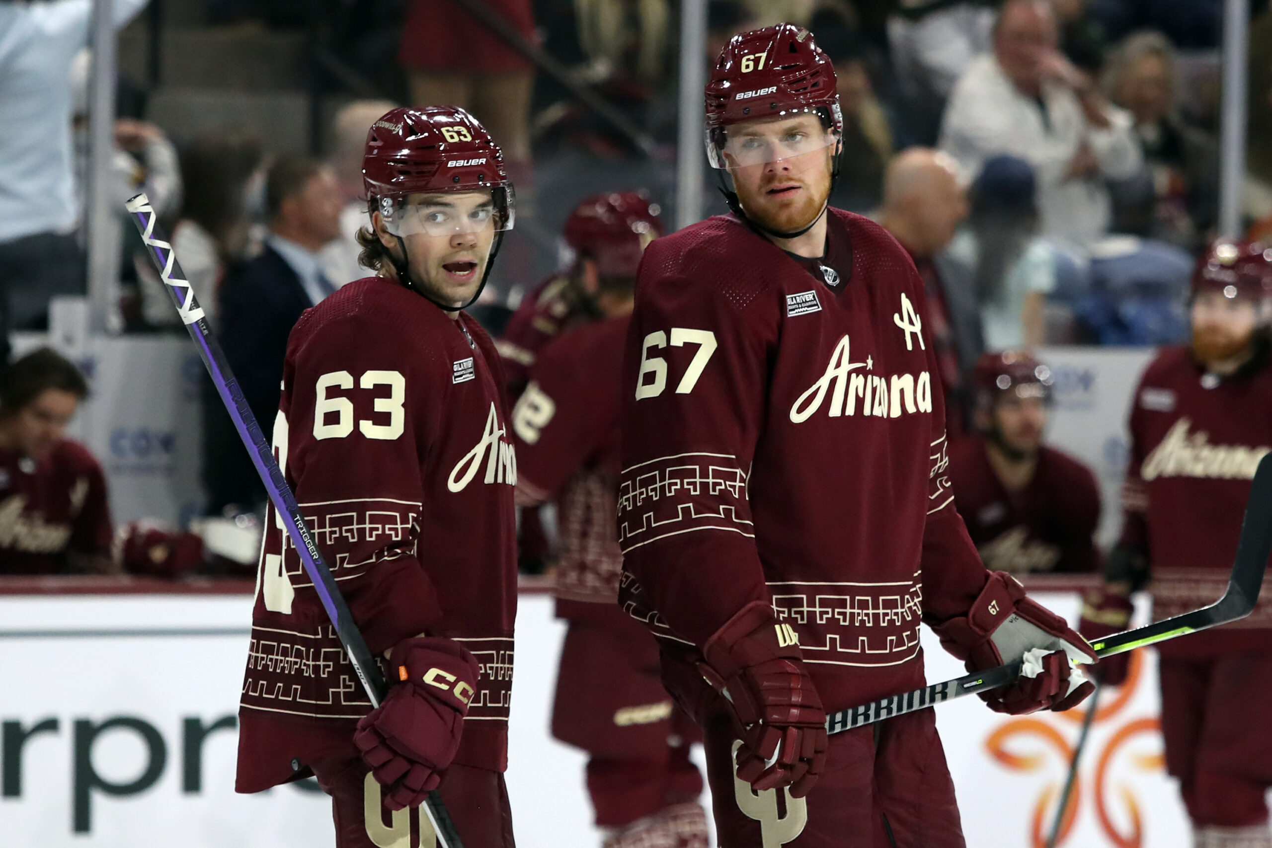 Coyotes forwards Lawson Crouse and Matias Maccelli.