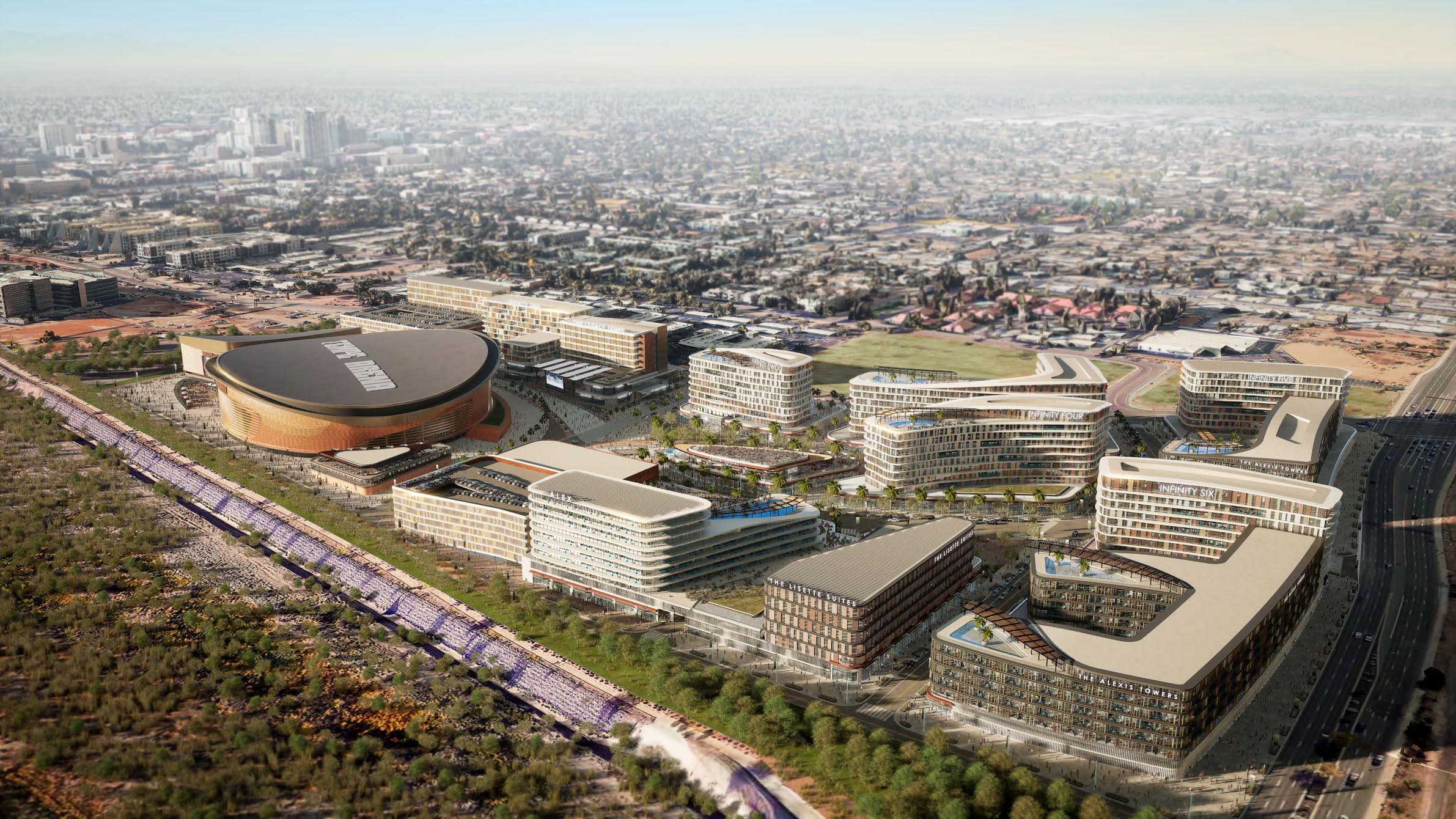 An artist rendering of the proposed Coyotes arena and adjacent entertainment district 