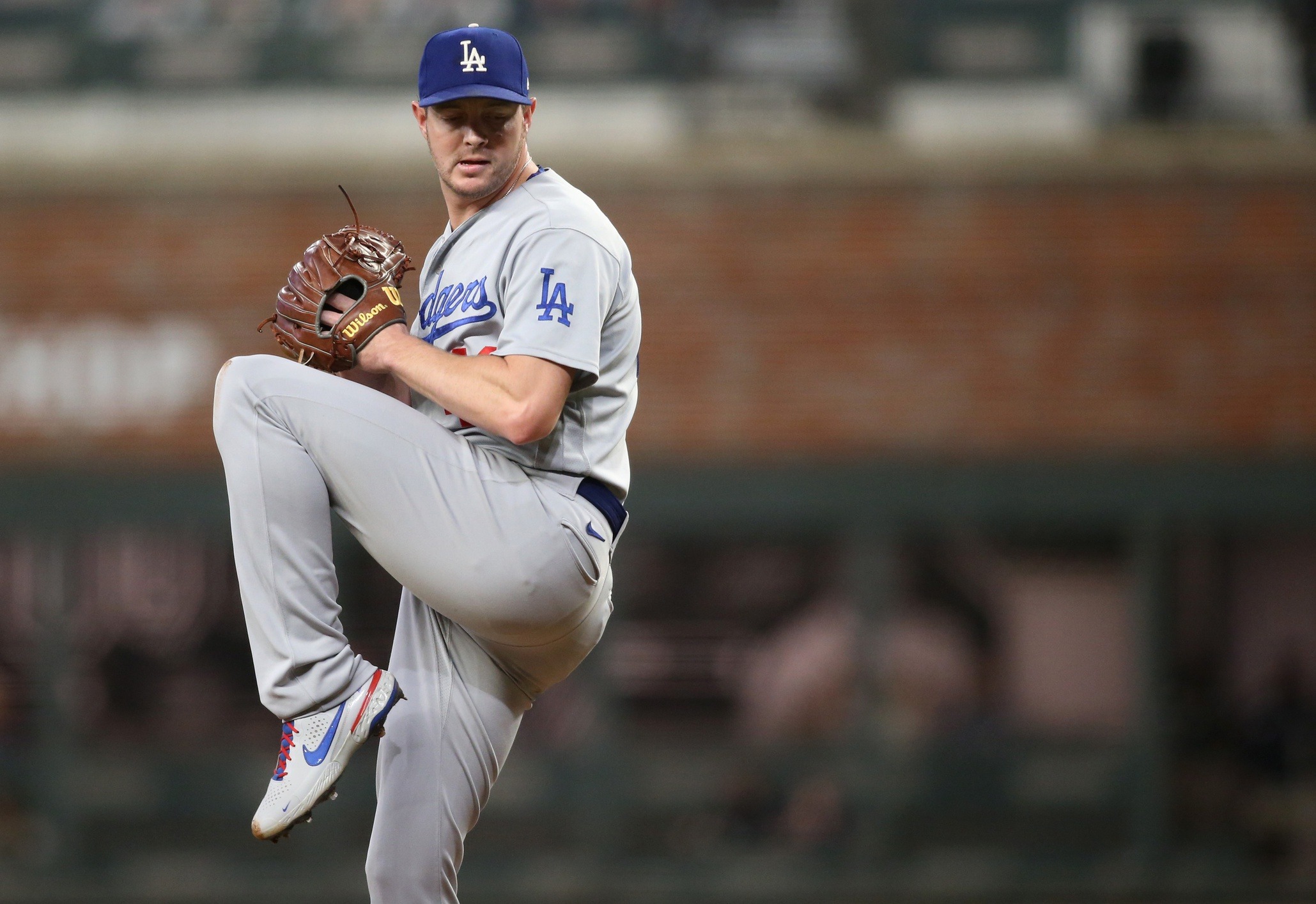 Former Los Angeles Dodgers bullpen member Corey Knebel pitches against against the Atlanta Braves during the first inning in game one of the 2021 NLCS at Truist Park. Knebel is a free agent this winter. (USA Today Sports)