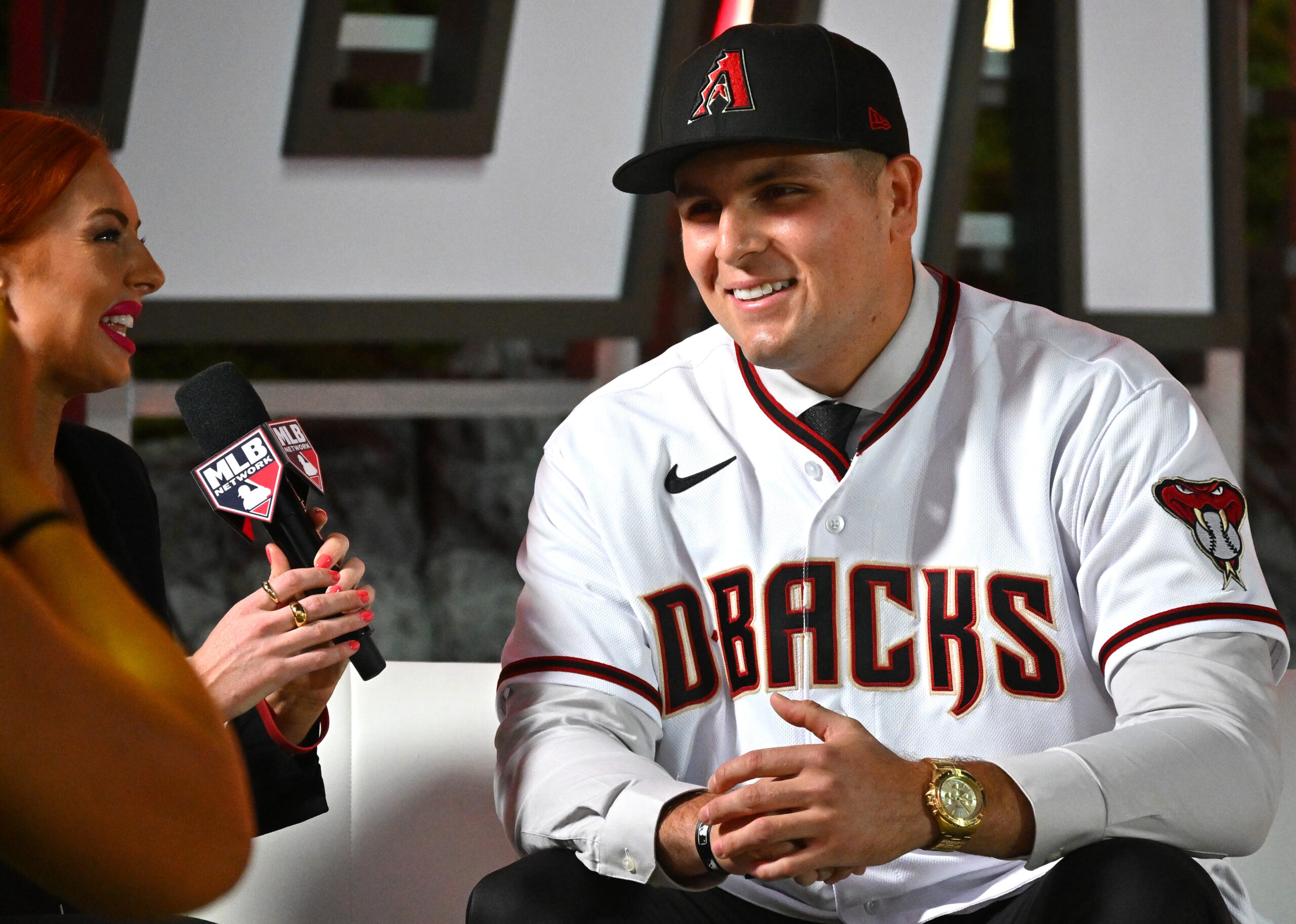  Ivan Melendez is interviewed by Lauren Gardner of MLB Network after he was selected by the Arizona Diamondbacks as the 43rd pick of the MLB draft at XBox Plaza at LA Live.