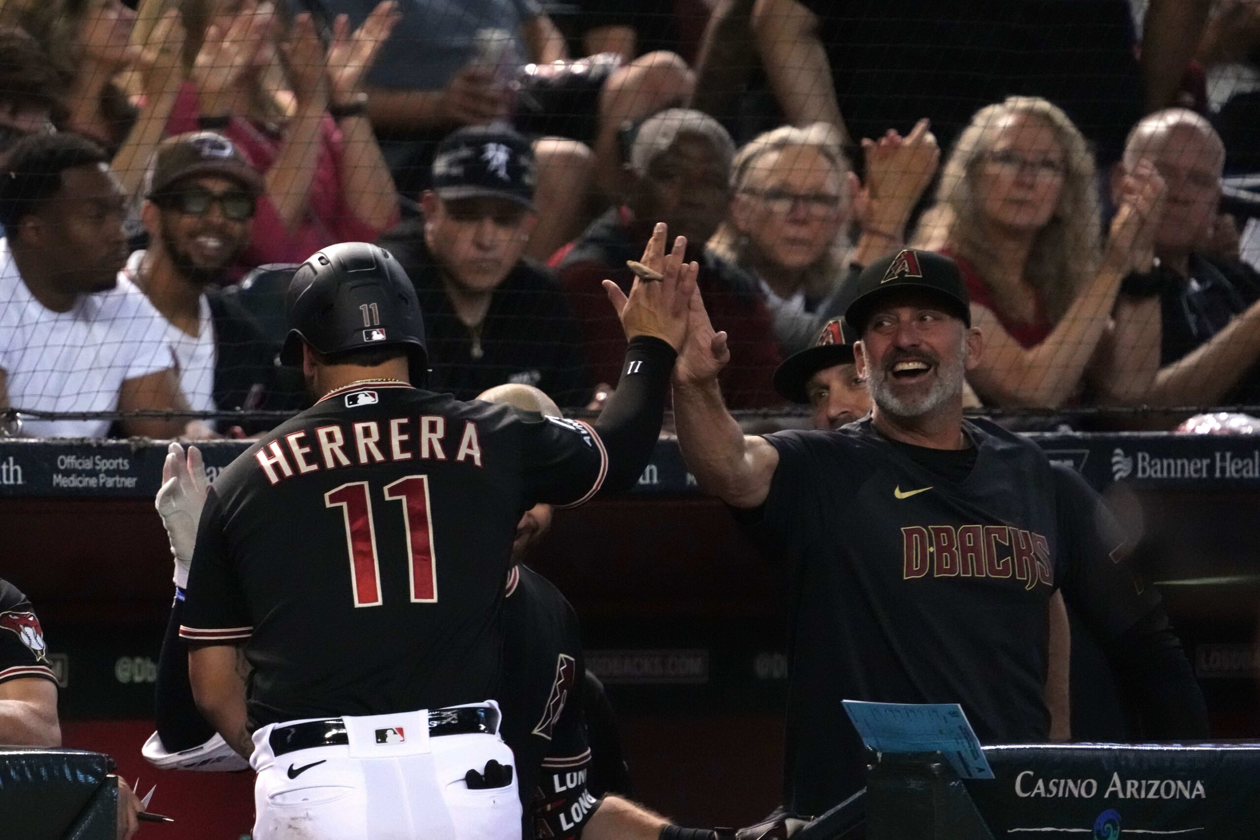 Diamondbacks catcher Jose Herrera slaps hands with manager Torey Lovullo after scoring a run against the San Francisco Giants at Chase Field. (Joe Camporeale/USA TODAY Sports)